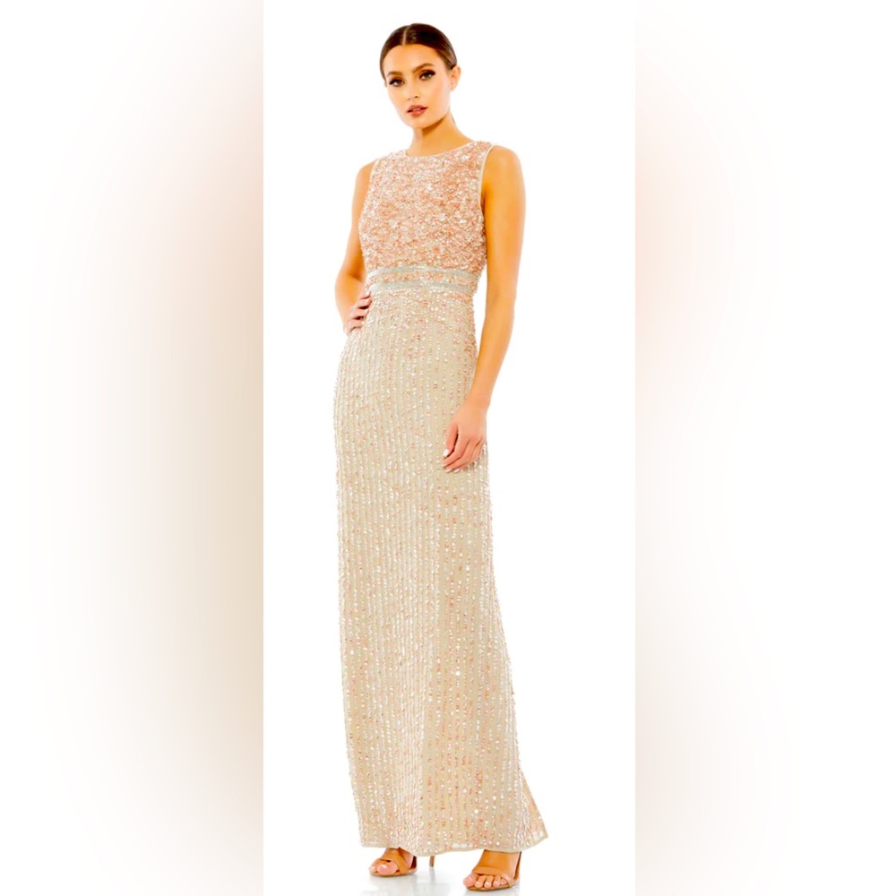 Mac Duggal Blush and Champagne Beaded Maxi Gown